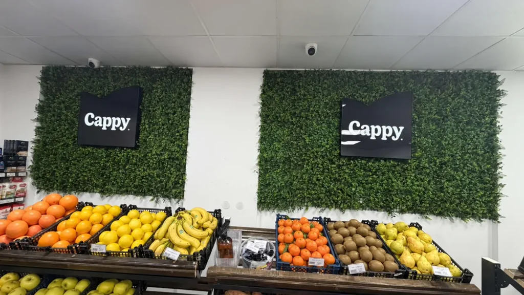 Изкуствена зелена стена в магазин за хранителни продукти.